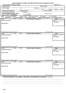 KIDZ THERAPY EARLY INTERVENTION DAILY SESSION NOTES for  Form