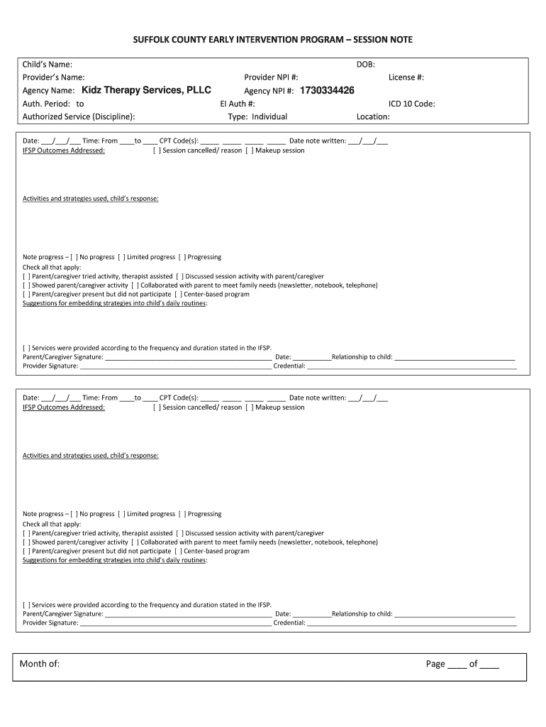 Suffolk County Early Intervention Program Session Note  Form