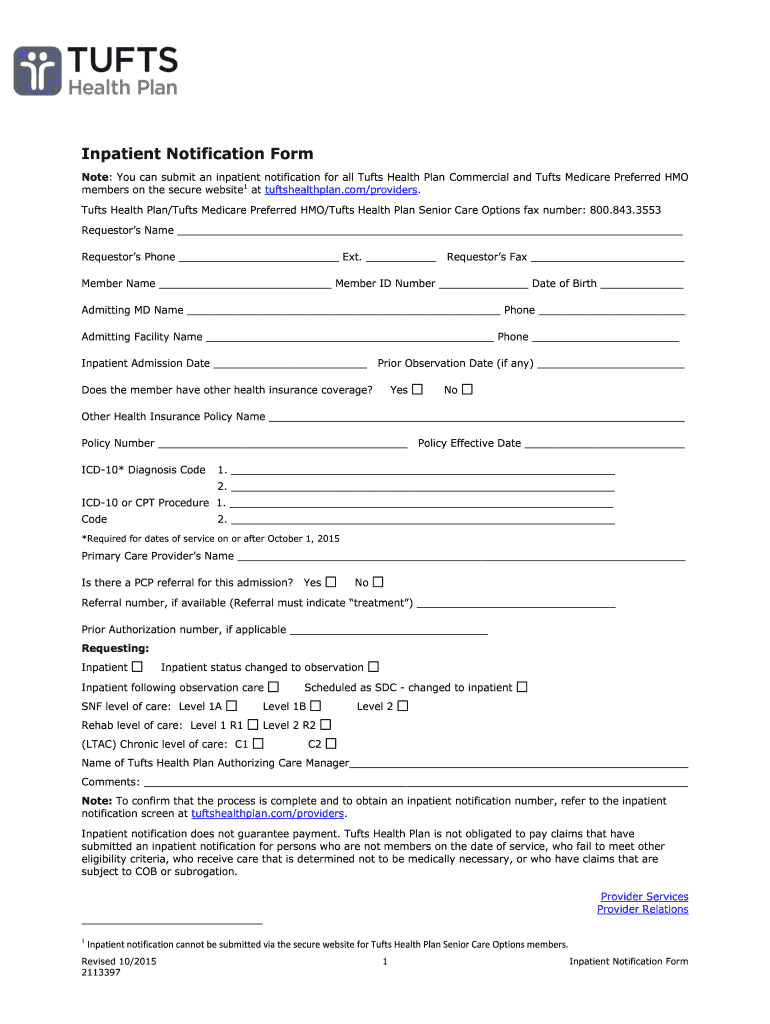  Tufts Inpatient Notification Form 2015
