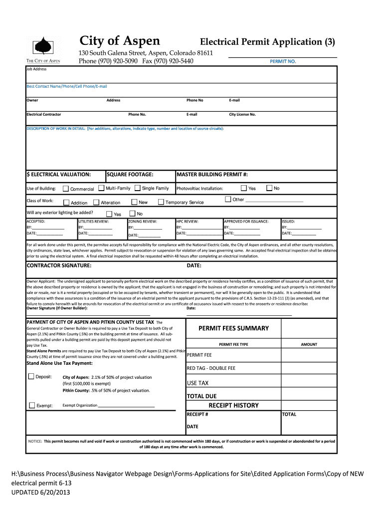 City of Aspen Electrical Permit Application 3 130 South Galena Street, Aspen, Colorado 81611 Phone 970 9205090 Fax 970 920  Form