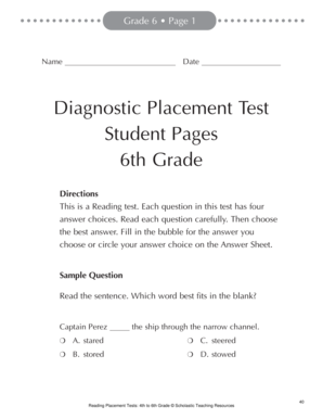 Grade 6 Page 1 Name Date Diagnostic Placement Test Student Pages 6th Grade Directions This is a Reading Test  Form