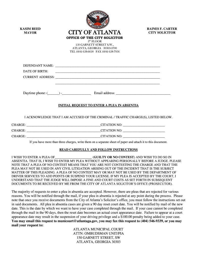 Get and Sign Plea in Absentia Georgia  Form