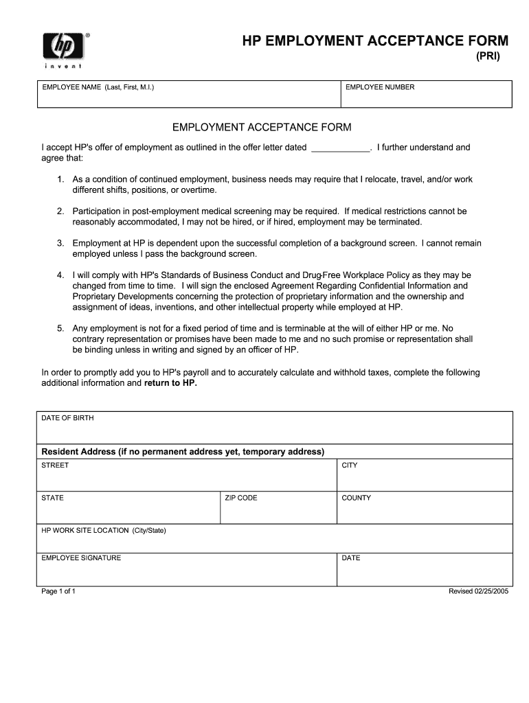  HP EMPLOYMENT ACCEPTANCE FORM Hewlett Packard 2005-2024