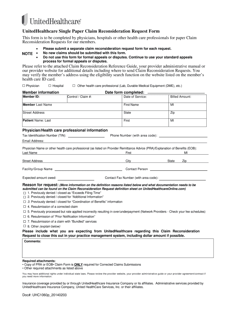  United Healthcare Reconsideration Form 2014-2024