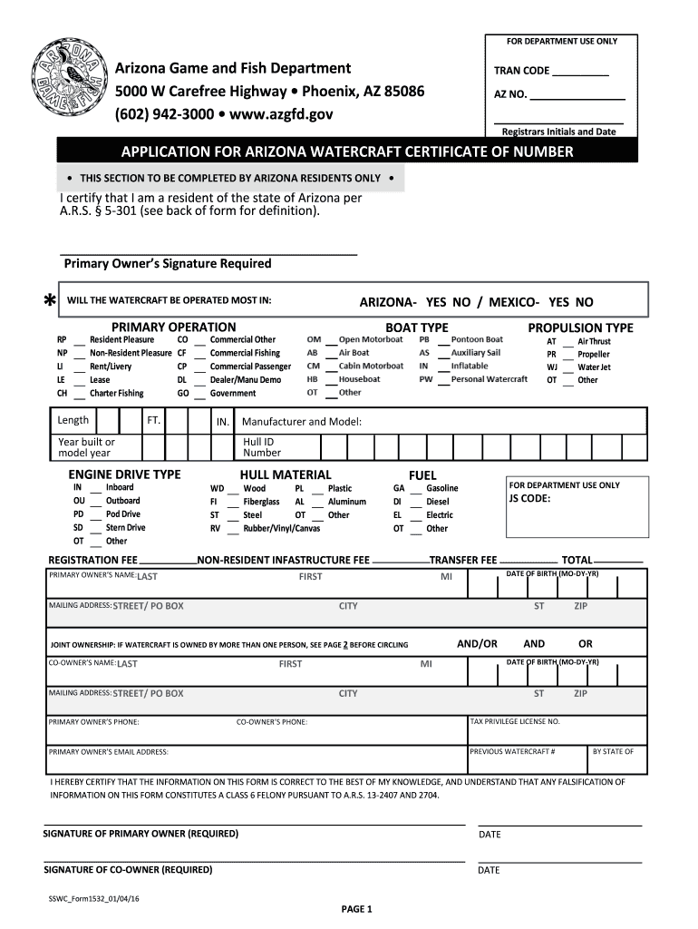  APPLICATION for ARIZONA WATERCRAFT CERTIFICATE of NUMBER 2016-2024