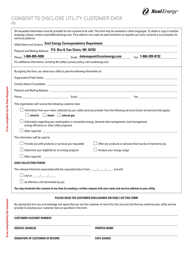 CONSENT to DISCLOSE UTILITY CUSTOMER DATA  Xcel Energy  Form