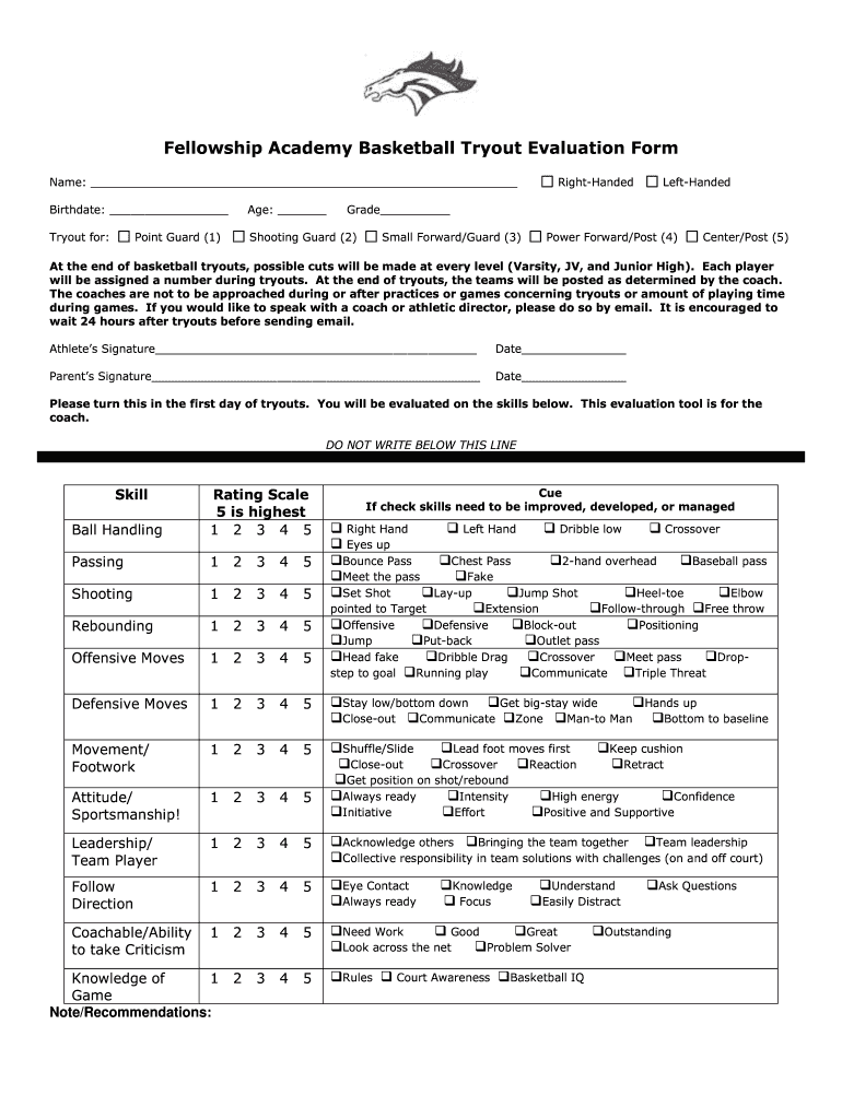  Fellowship Academy Basketball Tryout Evaluation Form 2015-2024