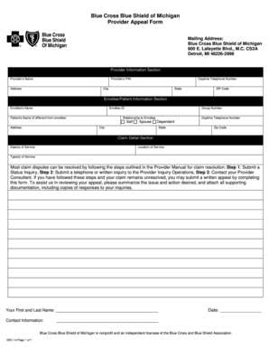 Blue Cross Blue Shield of Michigan Provider Appeal Form