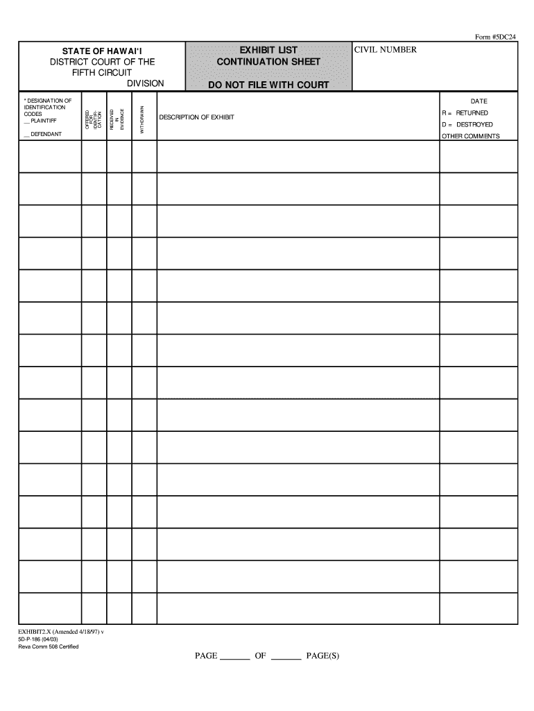  District Court of the Fifth Circuit Exhibit List Continuation Sheet Do Not File with Court Courts State Hi 2003