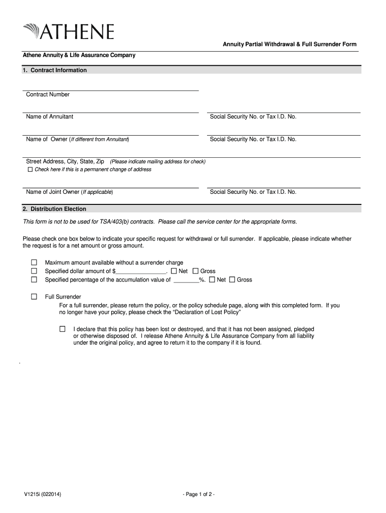  Annuity Partial Withdrawal Full Surrender Form Athene 2014