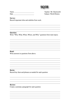 Sq3r Worksheet PDF  Form