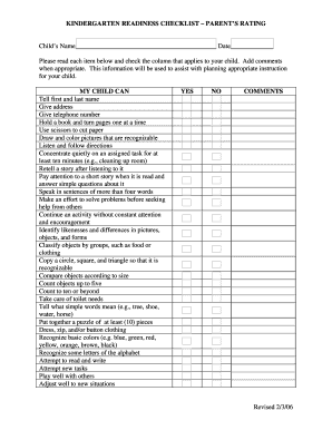 KINDERGARTEN READINESS CHECKLIST PARENTS RATING  Form