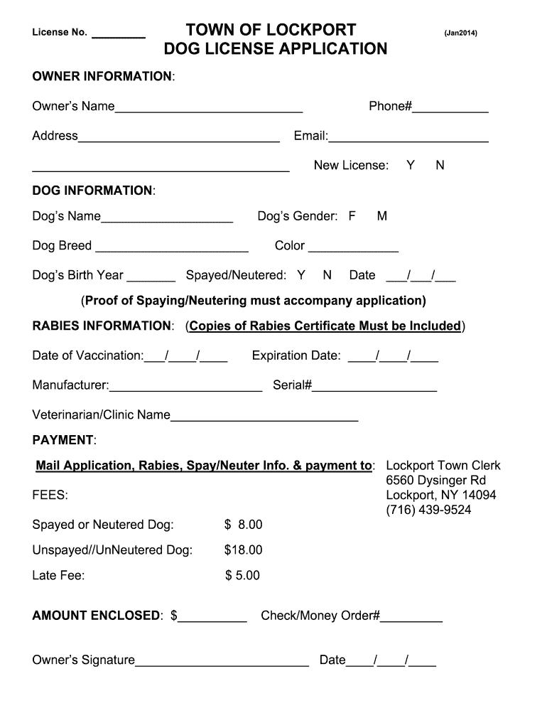 Dog License Application Town of Lockport NY  Form
