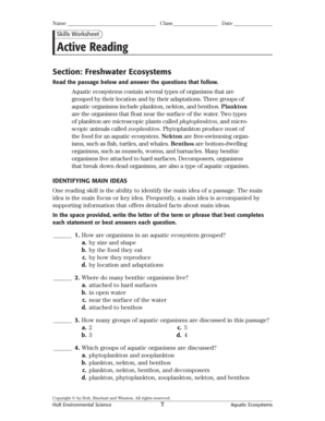 Active Reading Freshwater Ecosystems Answer Key  Form