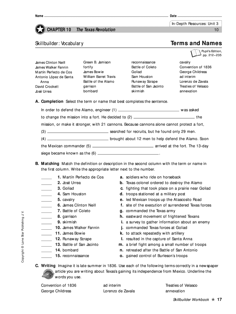 CHAPTER 10 the Texas Revolution Skillbuilder Vocabulary  Form