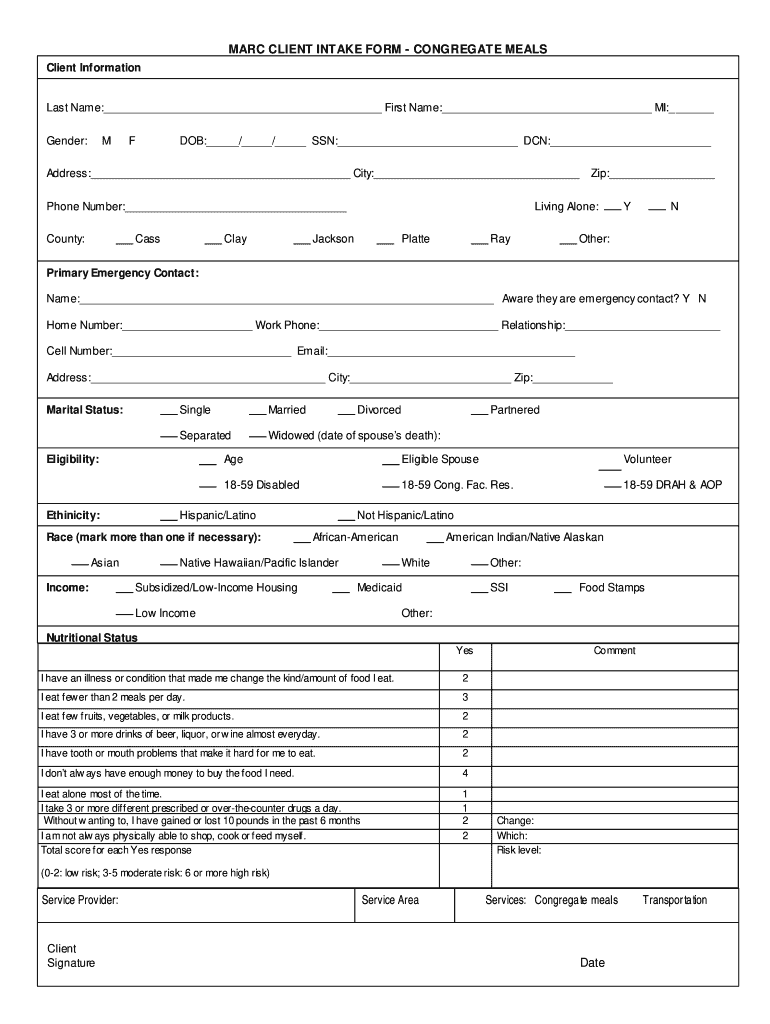 What is a Congregate Meals Intake Form for