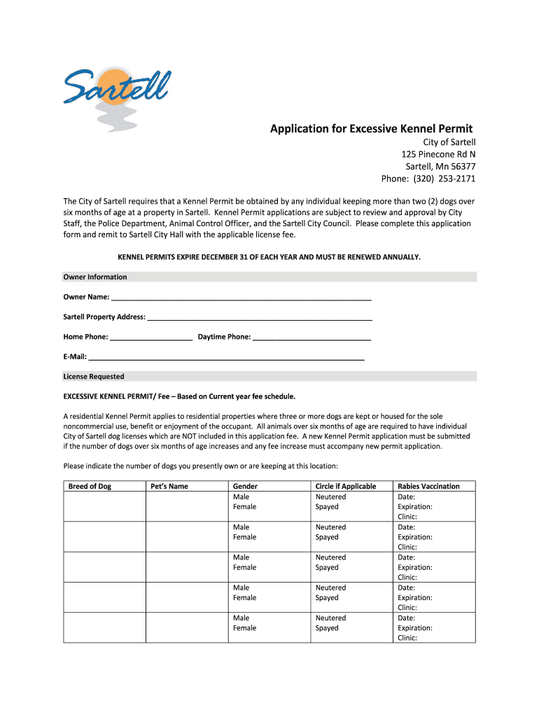 Application for Excessive Kennel Permit Sartell Minnesota  Form