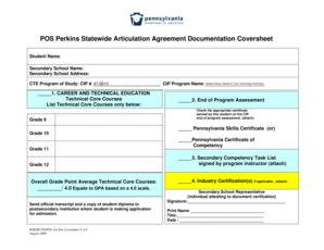 POS Perkins Statewide Articulation Agreement Documentation Coversheet Student Name Secondary School Name Secondary School Addres  Form