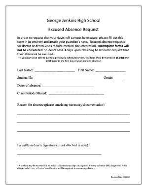Get and Sign George Jenkins High School Excused Absence Request 2015-2022 Form