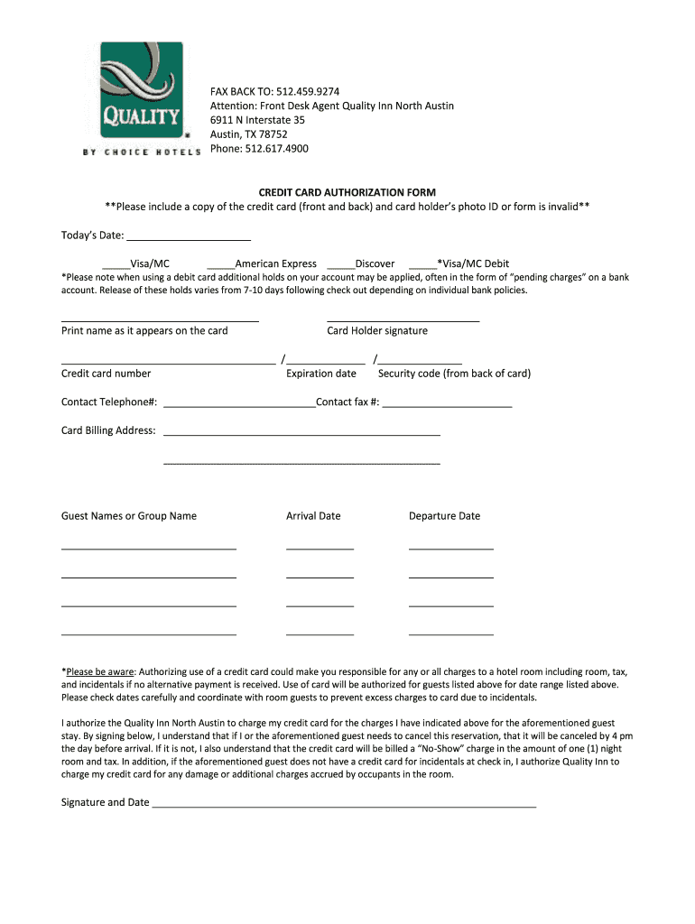 Quality Inn Credit Card Authorization Form