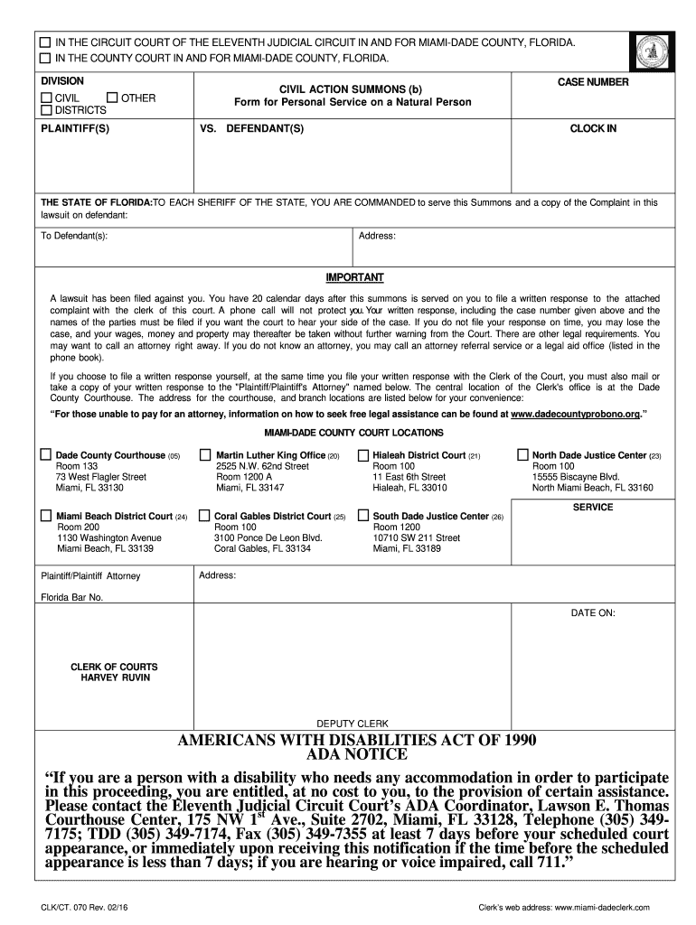  CASE NUMBER CIVIL ACTION SUMMONS B PLAINTIFFS VS 2016