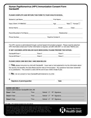 Human Papillomavirus HPV Immunization Consent Form