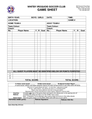 WHITBY IROQUOIS SOCCER CLUB GAME SHEET Fax 905 6662431  Form