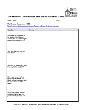The Missouri Compromise and the Nullification Crisis Worksheet Answers  Form
