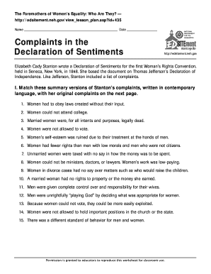 Complaints in the Declaration of Sentiments Answer Key  Form
