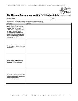 Missouri Compromise Worksheet PDF  Form
