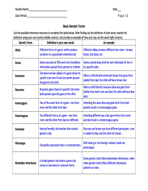 Genetics Terminology Worksheet  Form