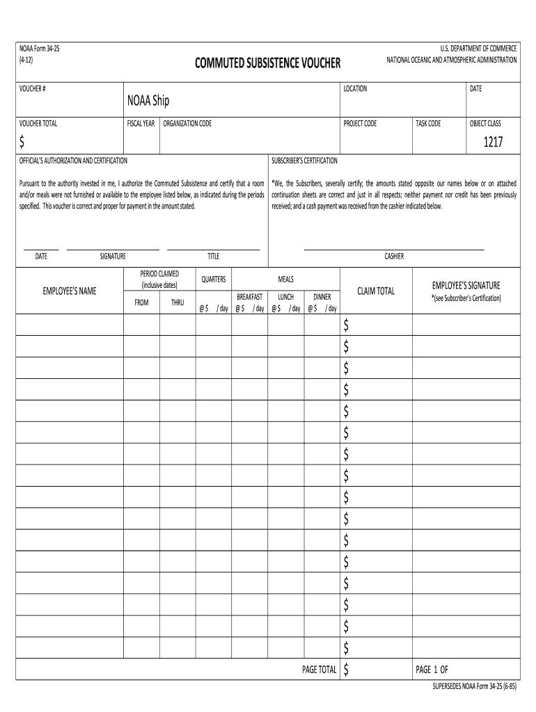  NOAA Form 34 25 Commuted Subsistence Voucher  Corporateservices Noaa 2012-2024