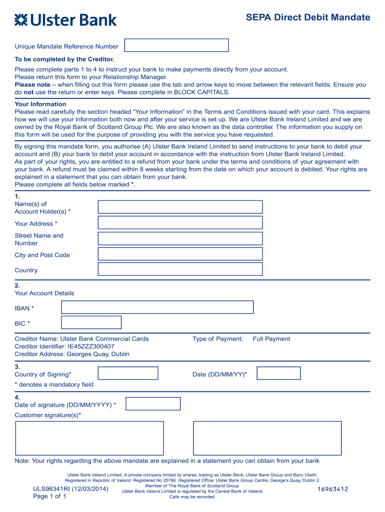  Direct Debit Mandate Form Ulster Bank 2014-2024