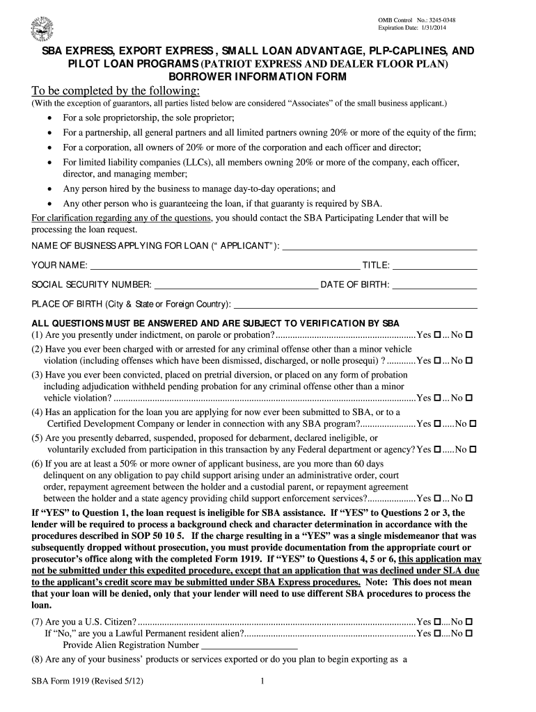  Sba Form 1919 Fillable 2012