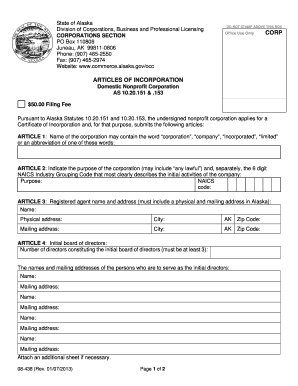 Form 08 438 Articles of Incorporation Domestic Nonprofit Corporation Alaska