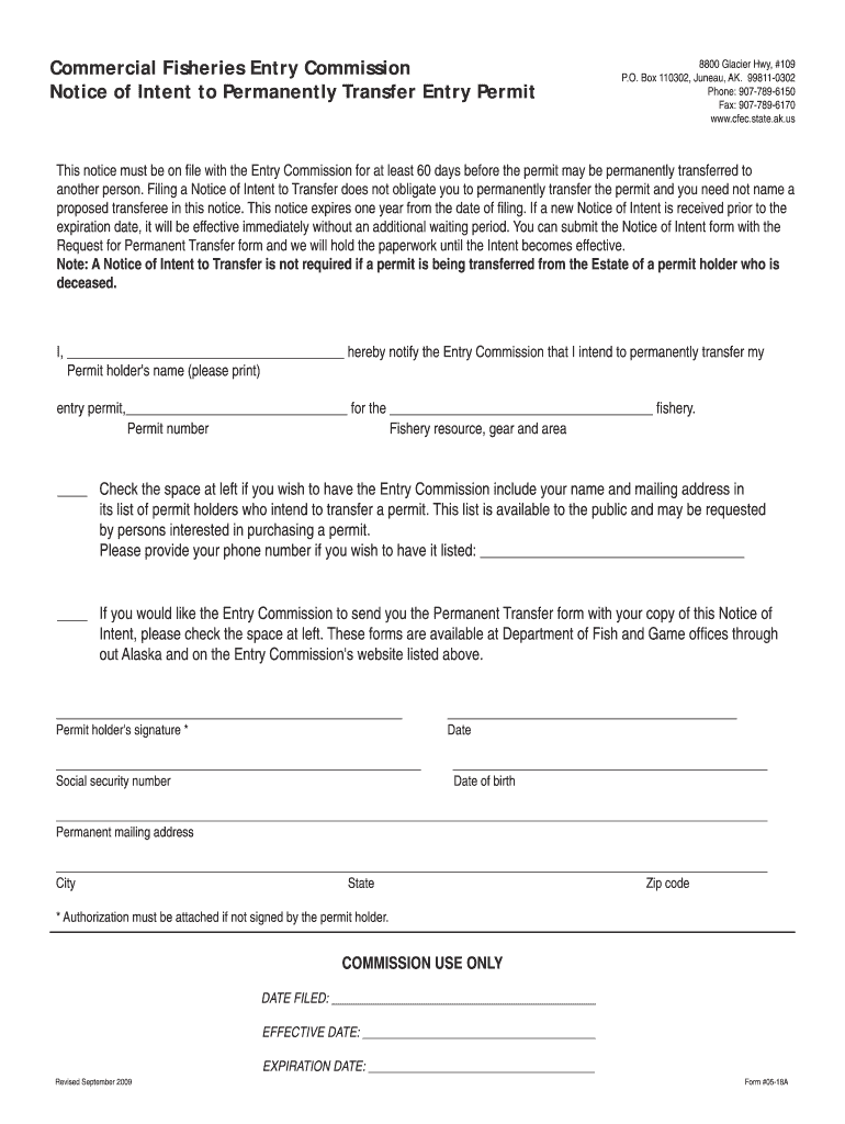  Notice of Intent to Permanently Transfer Entry Permit  Alaska 2009