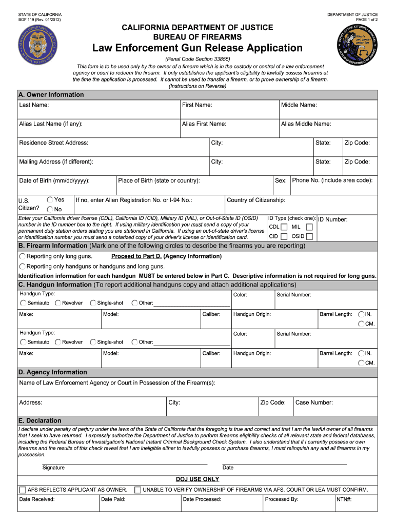 Law Enforcement Gun Release Application  Form