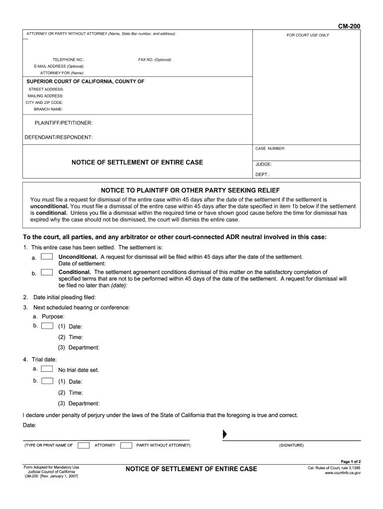 Notice of Settlement  Form