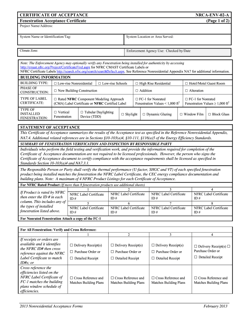 CERTIFICATE of ACCEPTANCE NRCA ENV 02 a Fenestration Energy Ca  Form