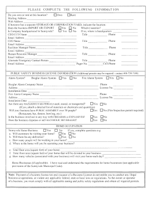 Sunnyvale Busineas License Application Form