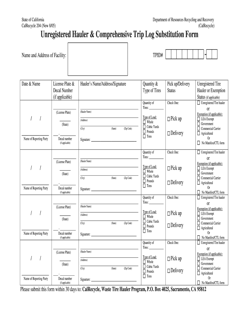  Unregistered Hauler and Comprehensive Trip Log Form New 805 Calrecycle Ca 2005