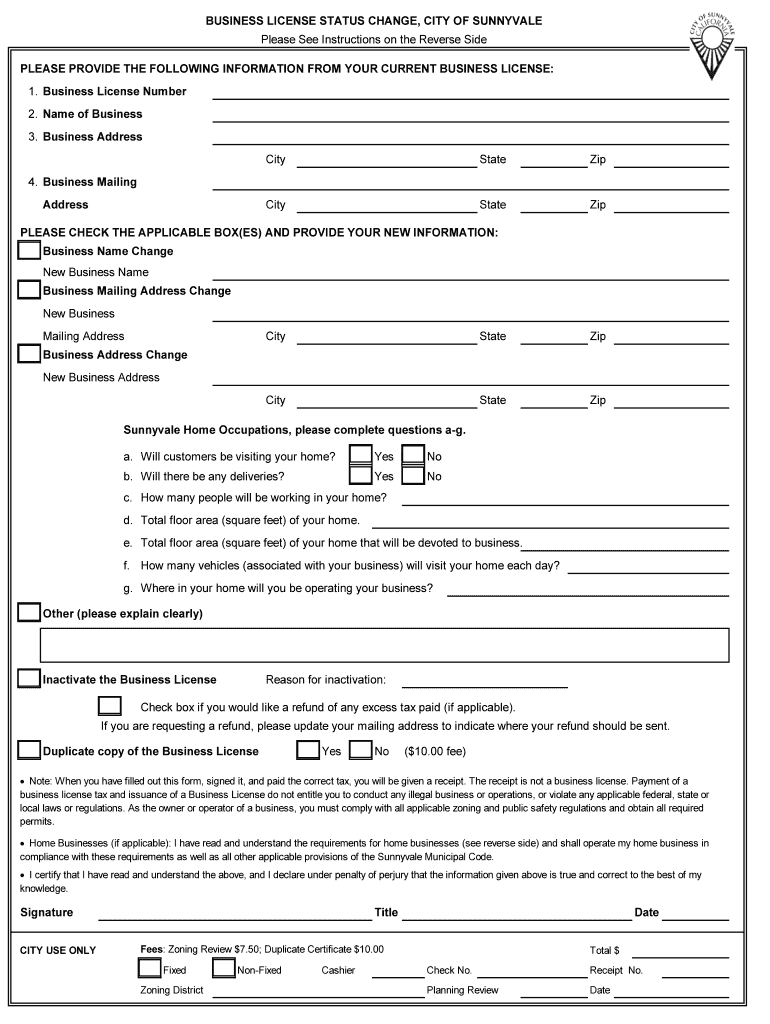 Business License Status Change Form PDF  City of Sunnyvale  Sunnyvale Ca