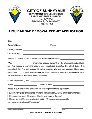 Liquidambar Removal Permit Application City of Sunnyvale Sunnyvale Ca  Form