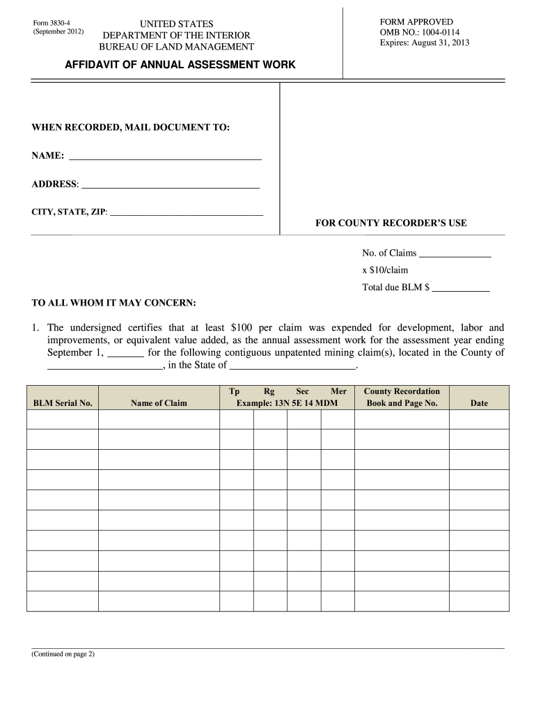  BLM Form 3830 004 Affidavit of Annual Assessment Work  Blm 2012
