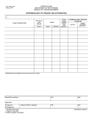 Bureau of Land Management Overtime Holiday Pay Request and Authorization  Form