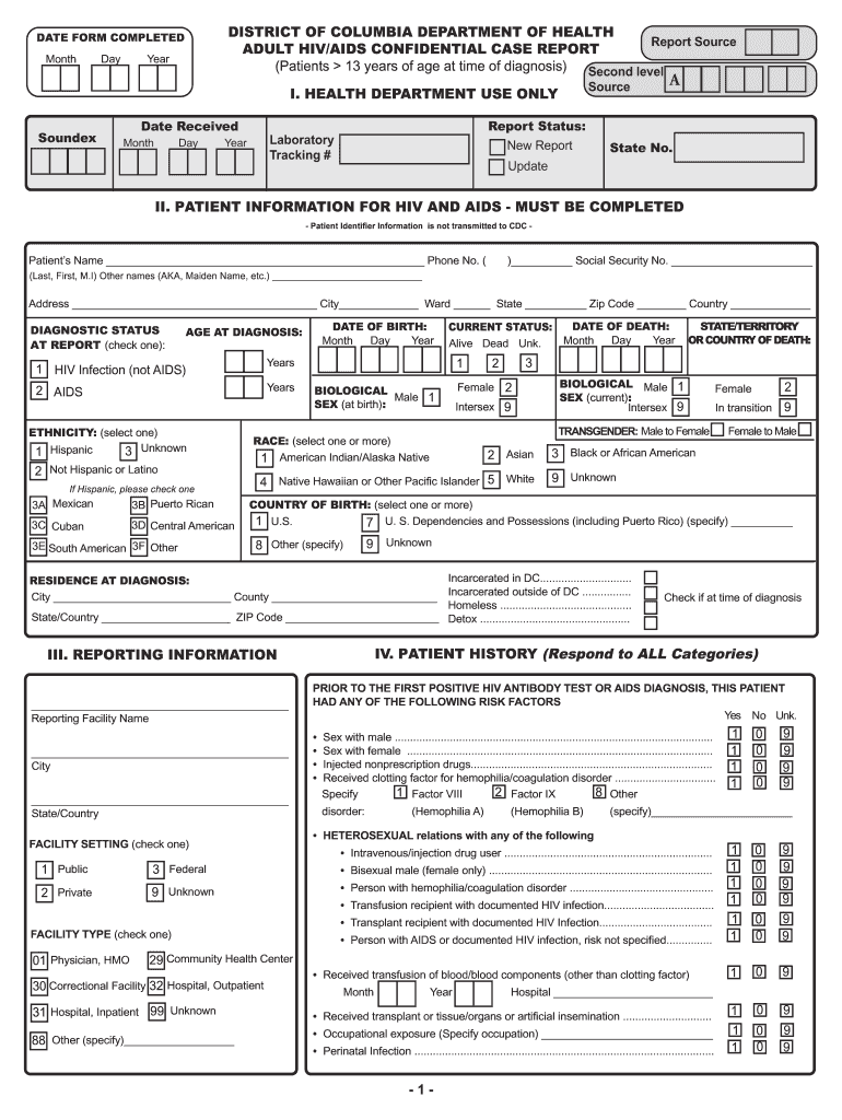 Adult HIV AIDS Confident Case Report Form Department of Health Doh Dc