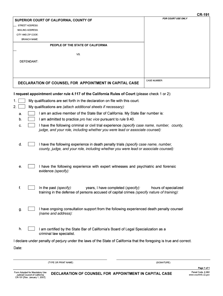  CR 191 Declaration of Counsel for Appointment in Capital Case Judicial Council Forms  Courts Ca 2007