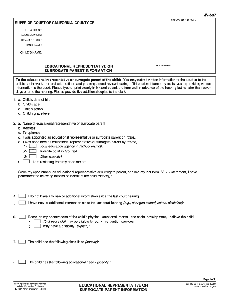  JV 537 Educational Representative or Surrogate Parent Information Judicial Council Forms Courts Ca 2008