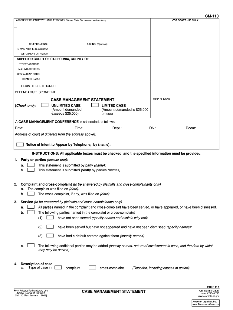  CM 110 Case Management Statement Judicial Council Forms Alameda Courts Ca 2011