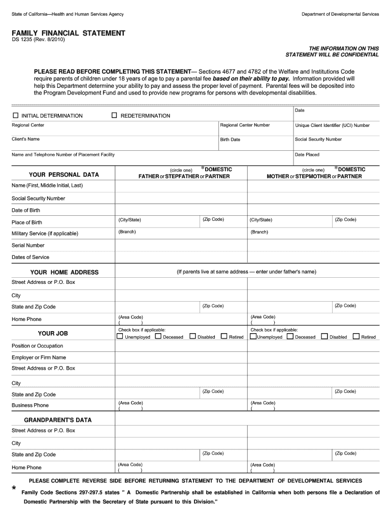  DS 1235, Family Financial Statement  California Department of 2010-2024